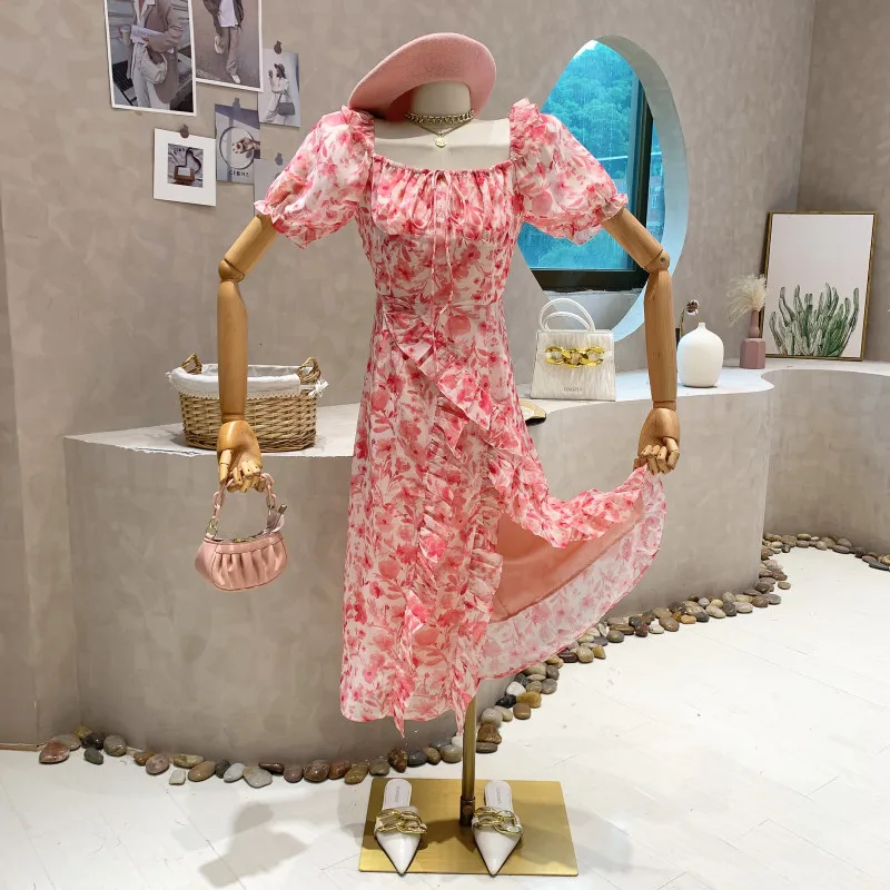 

Женское платье с короткими рукавами-фонариками, Длинное Элегантное платье с квадратным вырезом и оборками, с разрезом и цветочным принтом, ...