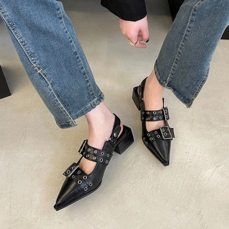 Sandals Women Free Shipping Spring New Slingback Matal Buckle Ladies Elegant Med Heel Brand Pointed Toe Slip On  Stiletto Shoes