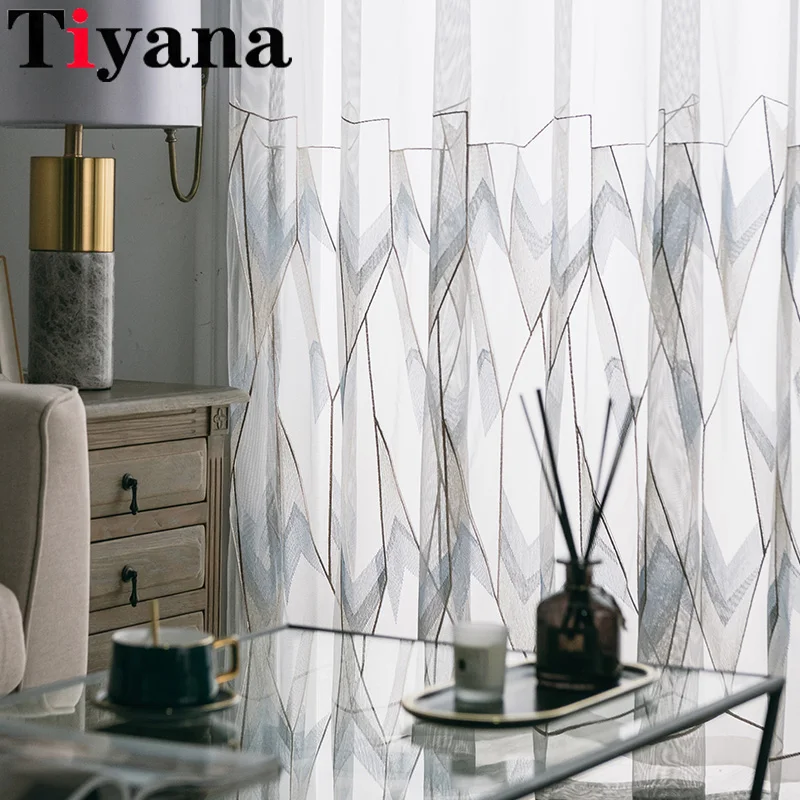 

European Light Luxury Geometry Embroidered Sheer Grey Tulle Curtains For Living Room Bedroom Window Treatment Voile Drape Z