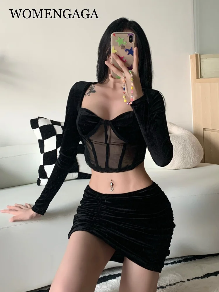 

Женская Осенняя футболка TVVOVVIN, новинка 2022, Топ с длинным рукавом и квадратным вырезом, футболка, милая Пряная тонкая плиссированная мини-юбк...