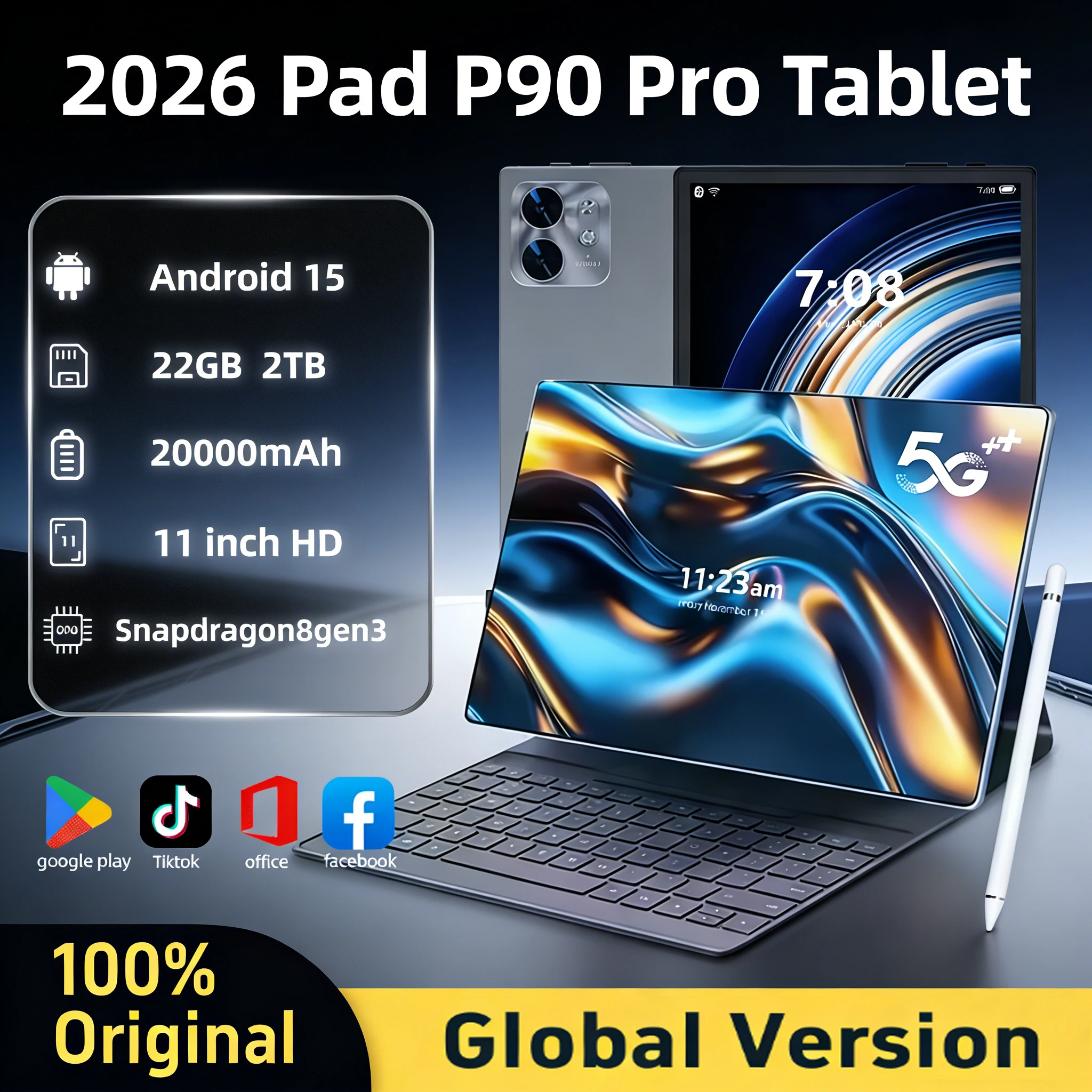 Фото 2026 НОВЫЙ Pad P90 Pro 11-дюймовый планшет Android 15 Snapdragon8gen3 24 ГБ + 2 ТБ для хранения распознавания лиц 20000 мАч 5G планшетный ПК с двумя SIM-картами №1