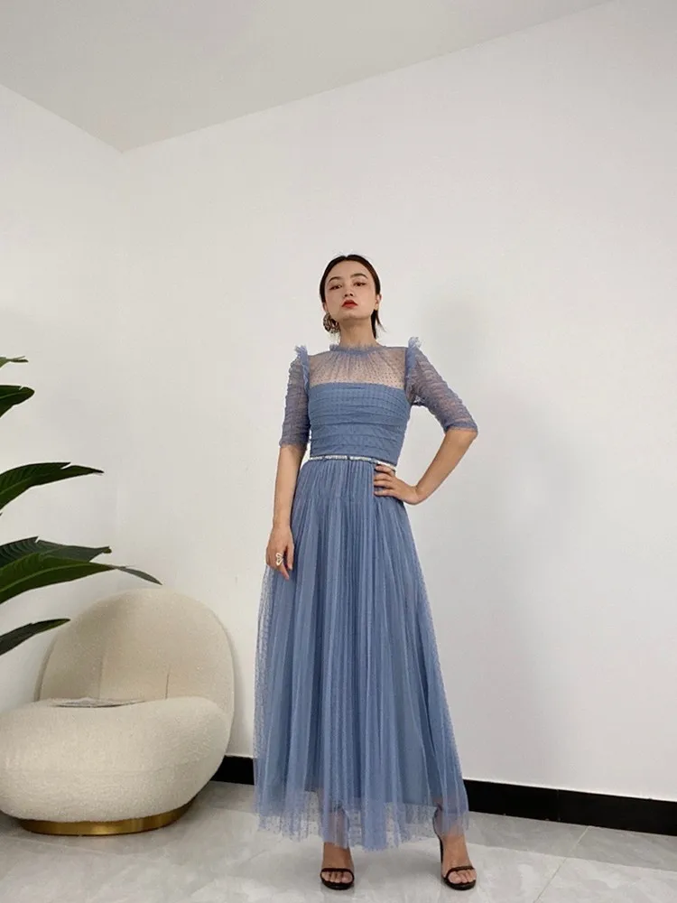 

Sweet Style 2022 Spring Summer Top Quality Solid Blue Flocking Polka Dot Mesh Frill Ruffle Princess Long Dresses for Women
