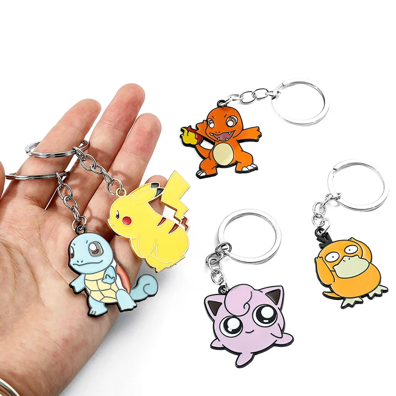 

Pokemon Cartoon Metal Keychain Action Figure Pikachu Charmander Jigglypuff Psyduck Squirtle Bag Key Chain for Kid Christmas Gift