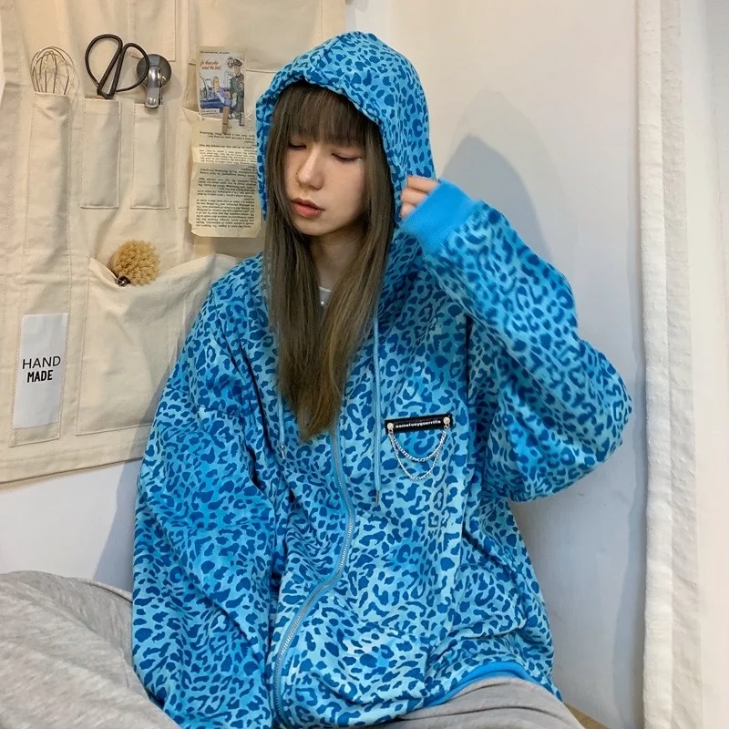 Модная розовая толстовка на молнии Y2k Harajuku уличная одежда с леопардовым принтом