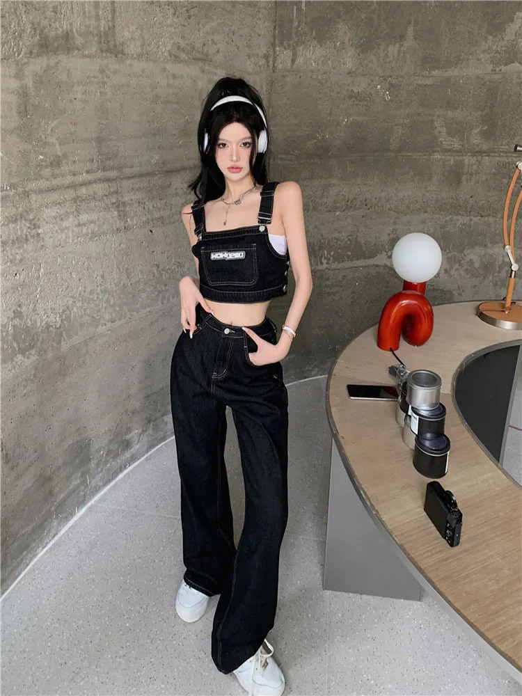 

Женские прямые джинсы с широкими штанинами и джинсовый подвесной Топ, черные свободные брюки с высокой талией в Корейском стиле, уличная одежда, лето 2022