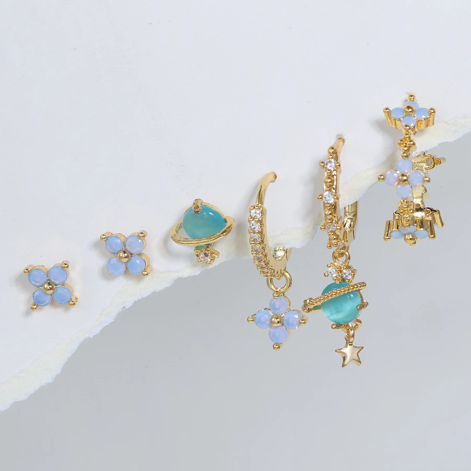 6PCS/Set Korean Exquisite Blue Zircon Planet Flower Stud Earrings For Women Simple Flower Earring Jewelry Gift