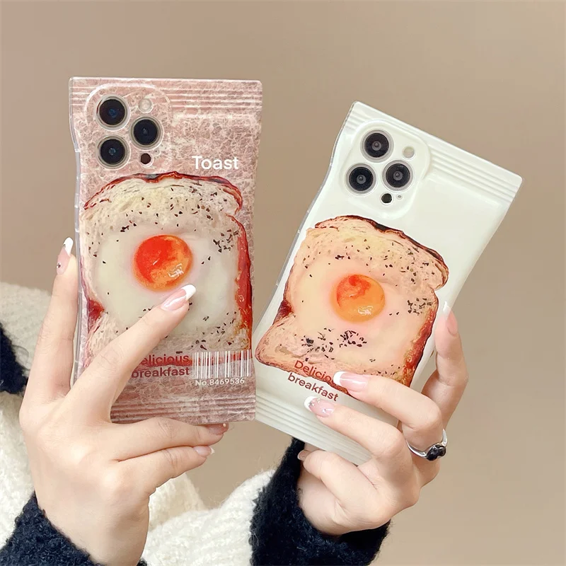 

Delicious Bread Toast Fried Egg Illustration Snack Packaging Bag Shell For iPhone 13 12 11 14 Pro Max X XS XR 7 8 6 6s Plus SE3