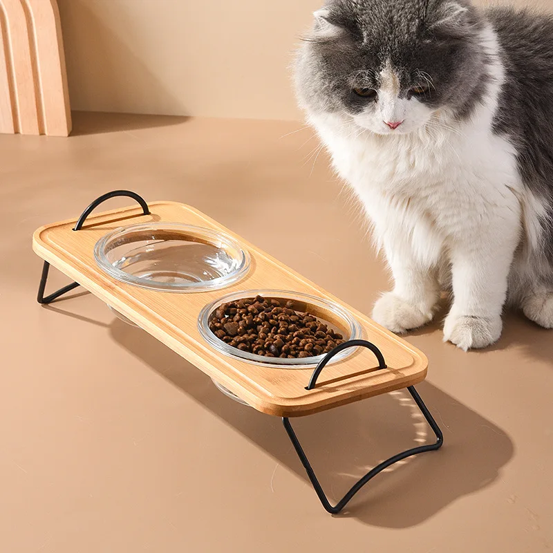 

Cat Transparent Glass Bowl with Wooden Stand Dog Double Food Water Feed Bowls Elevated Puppy Detachable Feeding Supplies