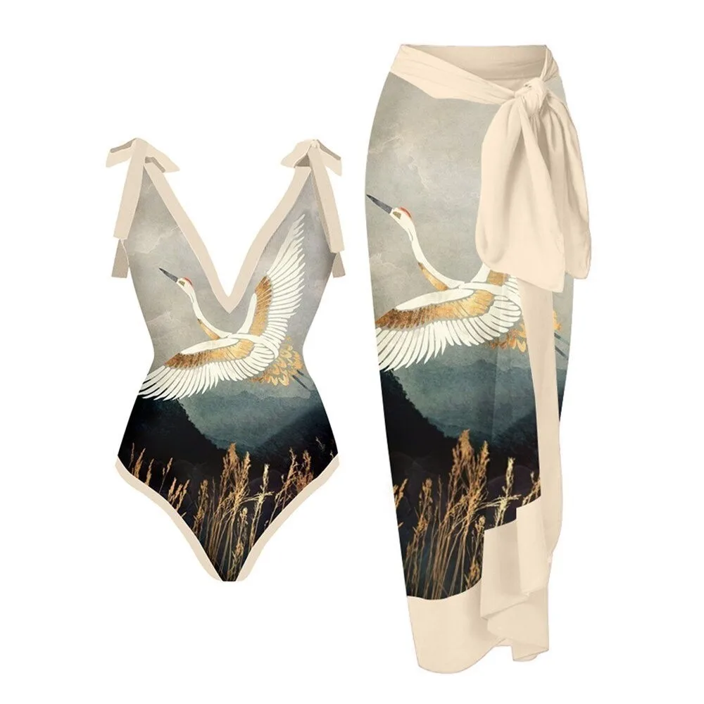 

New Arrival Ethnic Style Sexy Backless One Piece Swimsuit Women's Vintage Print Bikini with Cover-Up Set and Long Chiffon Skirt