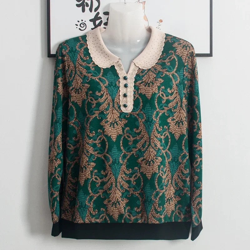 Women's Long Sleeve T-Shirt Plus Size Loose Fit Slimming Lapel Top Middle-Aged And Elderly Fashionable Round Neck Base Shirt