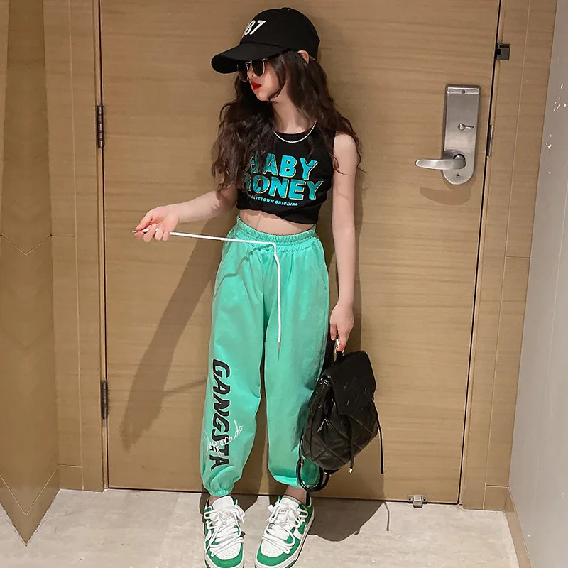 

Kids Summer Clothes Set Teen Girls Fashion Outfits Sports Jogger Letter Vest+Pants Casual Suit Children Clothing 5 6 8 10 12 14y