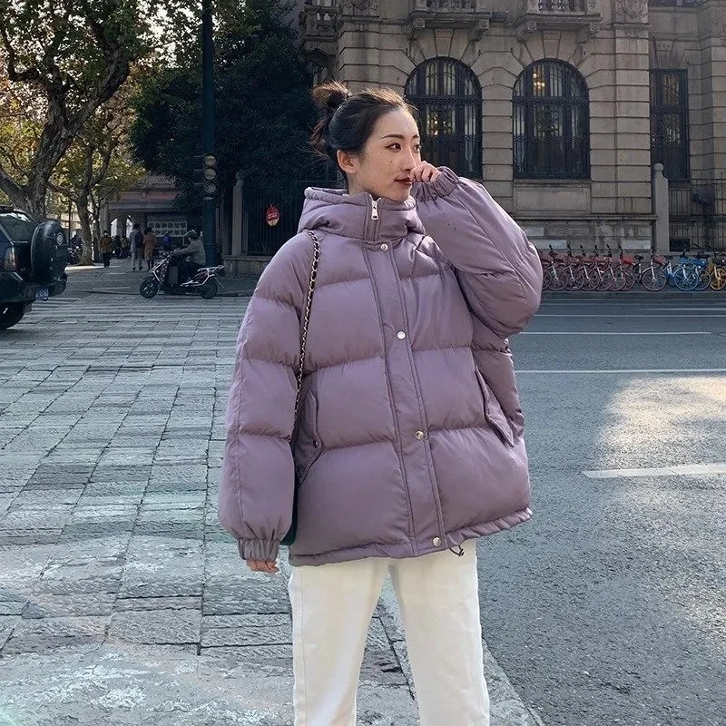 

Down Cotton Jacket Women Autumn Winter 2023 New Solid Color Hooded Cotton Coat Korean Style Casual Loose Parkas Womens