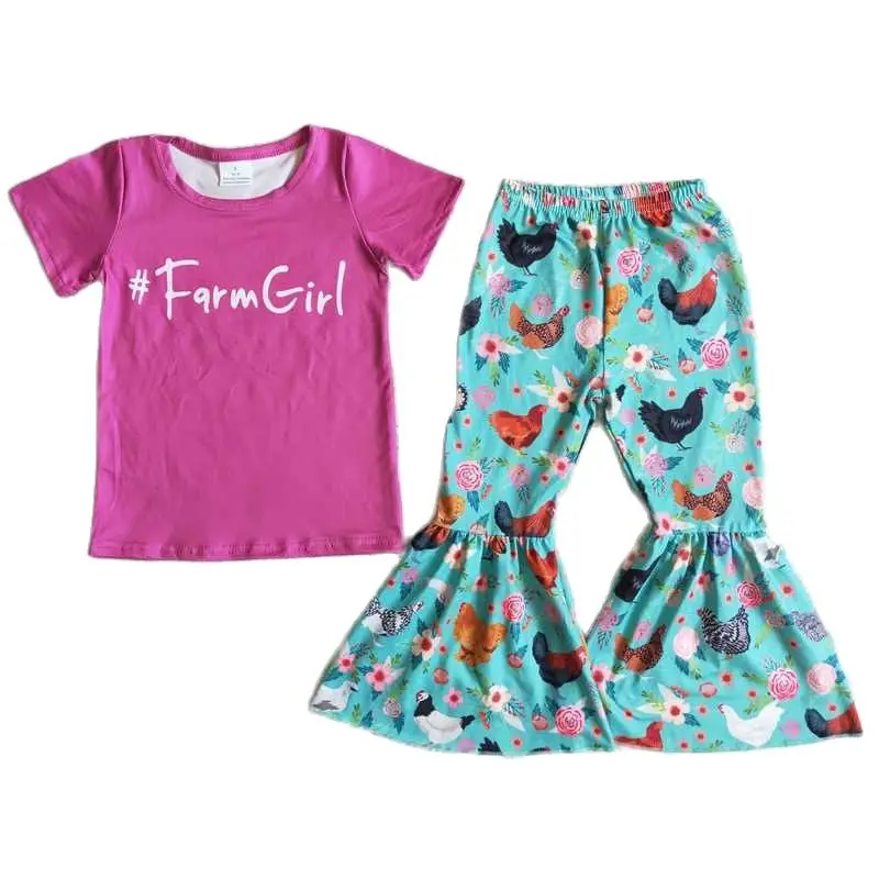 

Одежда для маленьких девочек D8-12, розово-Красная футболка с коротким рукавом, топ с рисунком курицы, штаны с колокольчиками, одежда для девоч...