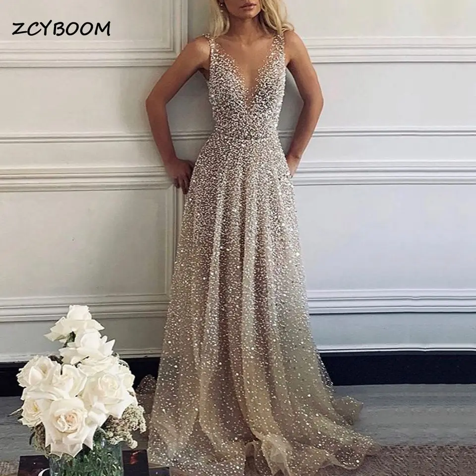 

Gorgeous Sparkly Sequined V-neck Evening Dresses Sleeveless Prom Gown A-Line Sweep Floor Vestidos De Fiesta Robes De Soirée 2022