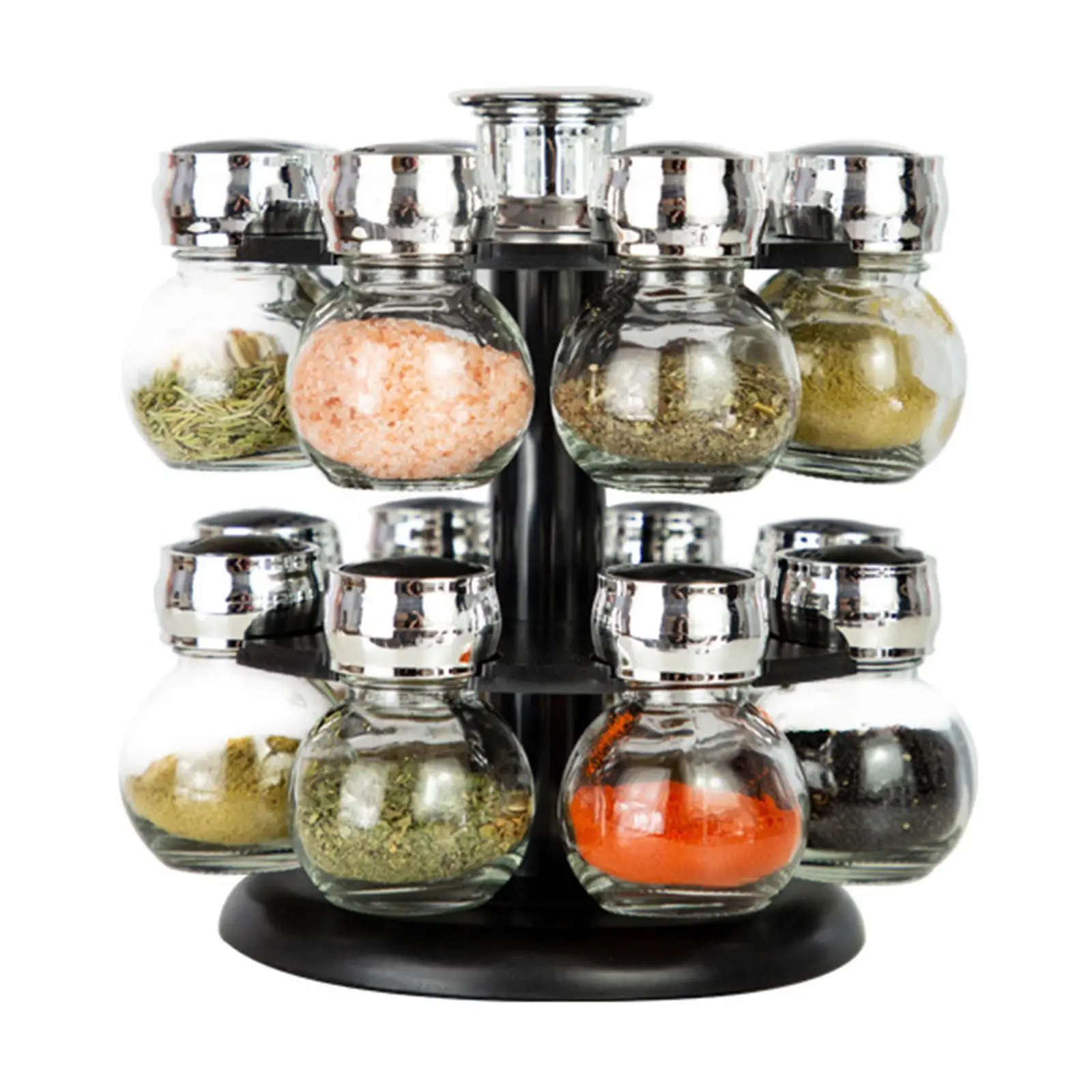 

Kitchen Spice Rack Organizer Set Revolving with 12 Glass Jar, Countertop Storage Fully Transparent Seasoning Bottles Easy Clean