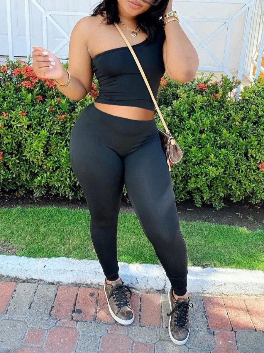 

LW One Shoulder Crop Top Pants Set Casual Solid Slim Stretch Two Piece Sets sexy Women Sports Crop Top+High Waist pants set