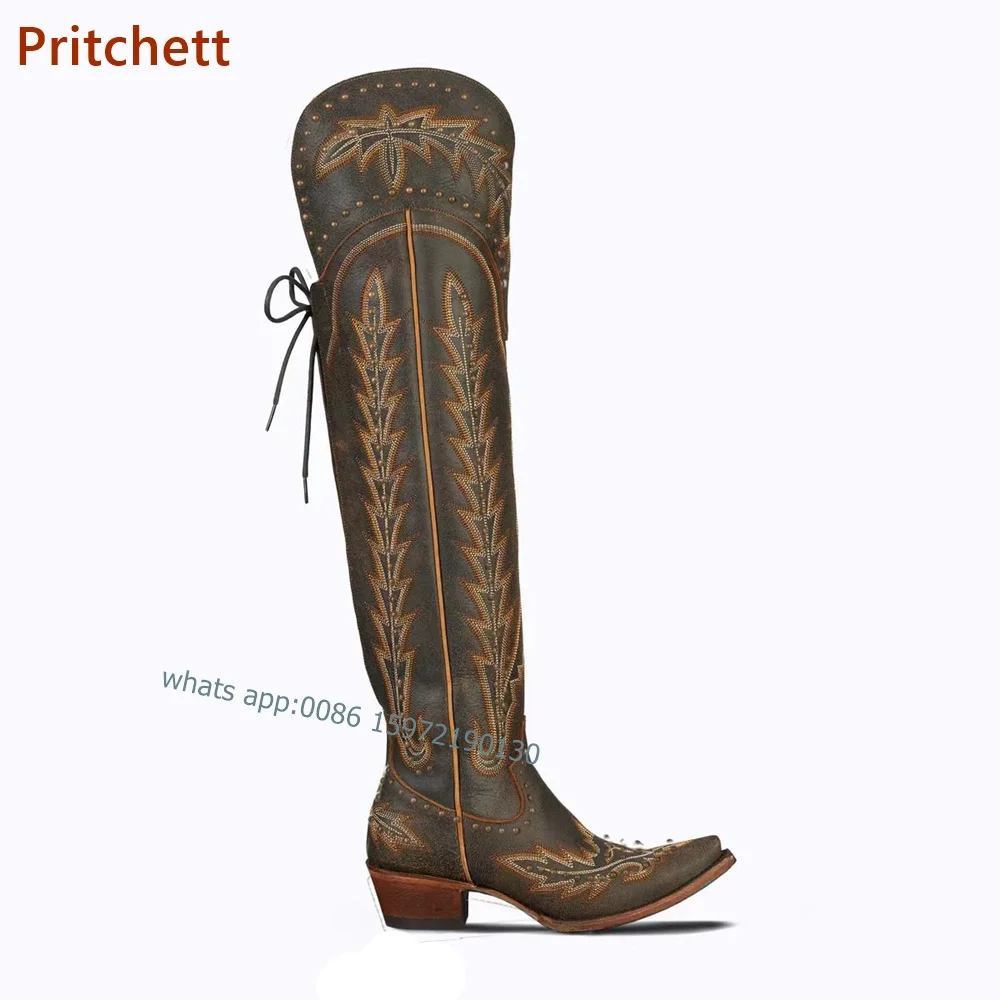 Женские ковбойские сапоги с принтом высокие до колена на квадратном каблуке