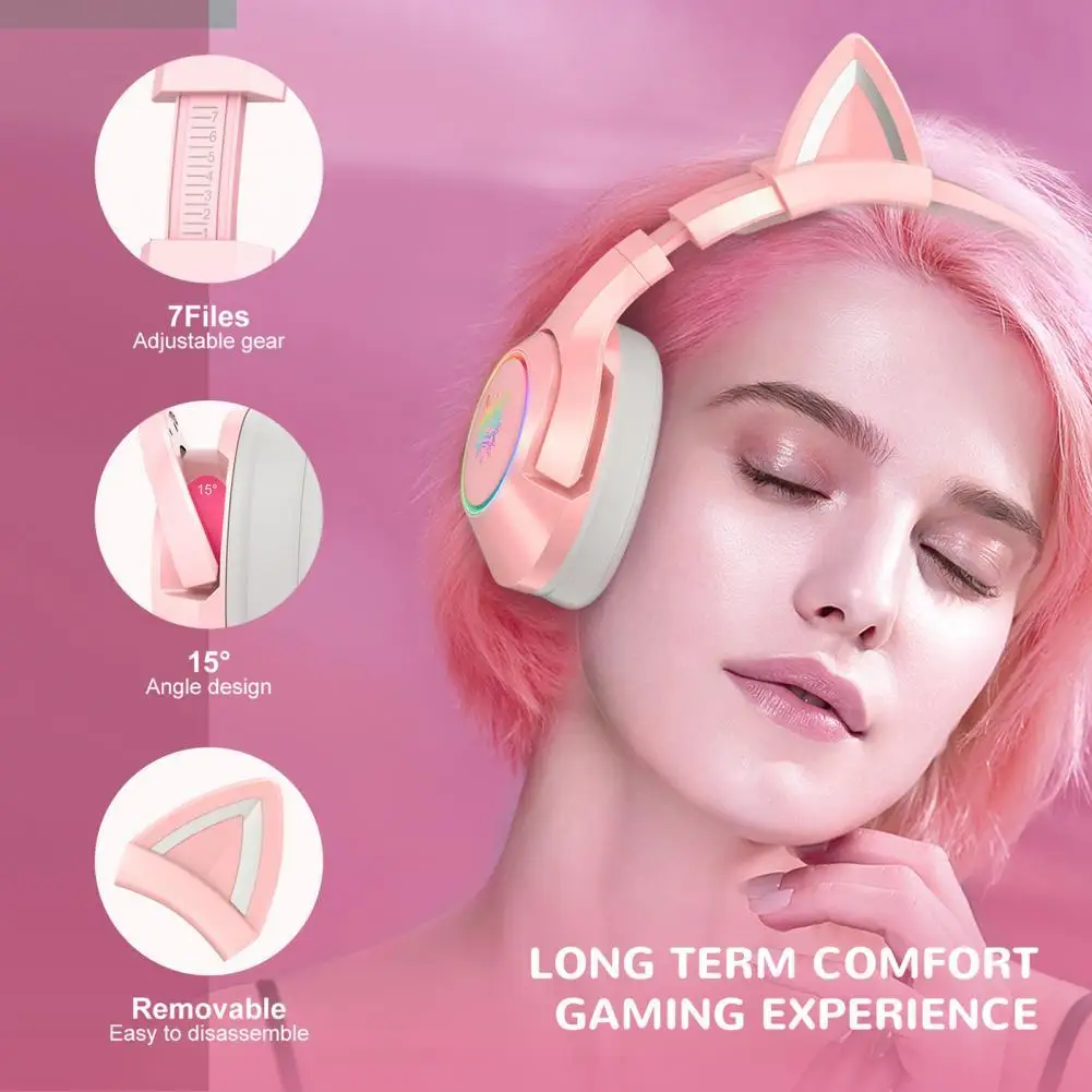 

New Product Pink Cat Ear Cute Girl Gaming Headset With Mic ENC Noise Reduction HiFi 7.1 Channel RGB Wired Headphone