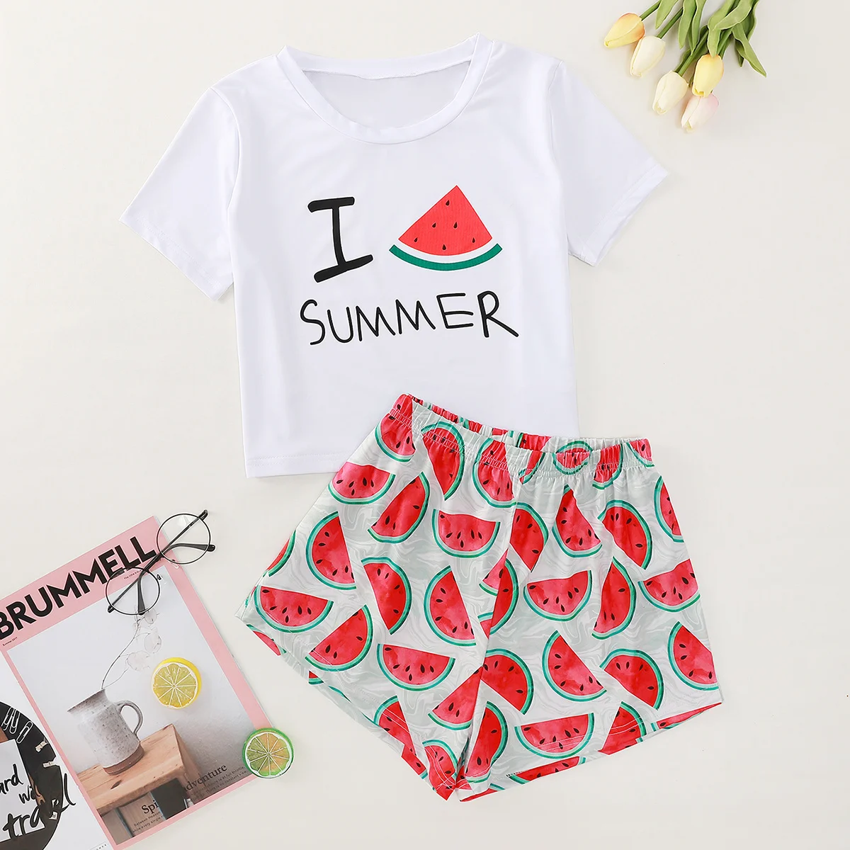

New Style Lady's Cartoon Watermelon Print Short Sleeve T Shirts & Shorts Pajama Set Summer Comfortable Sleepwear Home Suits