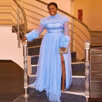 sky blue a line lace applique long sleeved ruffled banquet party show evening dress