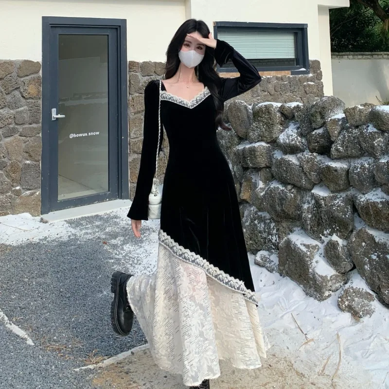 Элегантные винтажные велюровые кружевные тонкие платья с длинными рукавами и