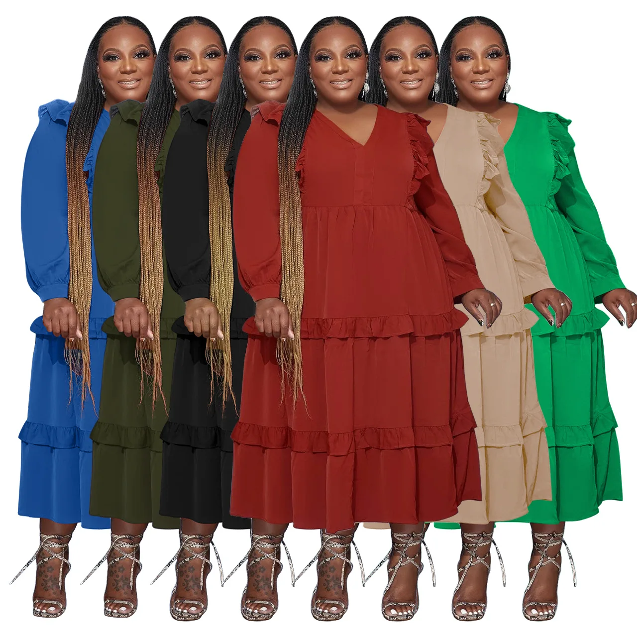 Plus Size Casual Ruffles Hem Dress For Women V Neck Long Sleeve Loose Vestidos Streetwear Fashion Oversized Robes Solid Clothing