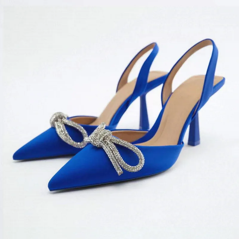 

Women Slingback High Heels Summer Pumps Luxury Rhinestones Bride Shoes Comfortable Triangle Heeled Party Wedding Shoes
