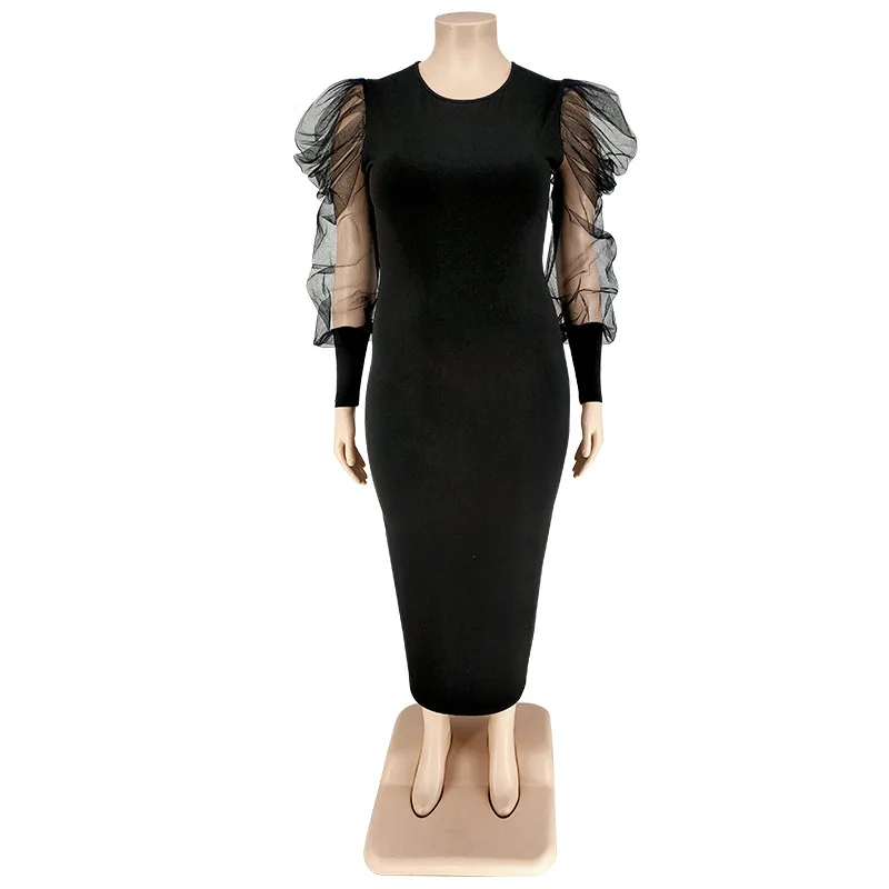 2022 Plus Size New Solid Color Tight Long Dress Party Style Round Neck Mesh Panel Bubble Sleeve Elegant Women's Tight Dress