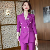 korean formal ladies purple blazer women business suits with sets work wear office uniform 2 piece large size pants jacket set