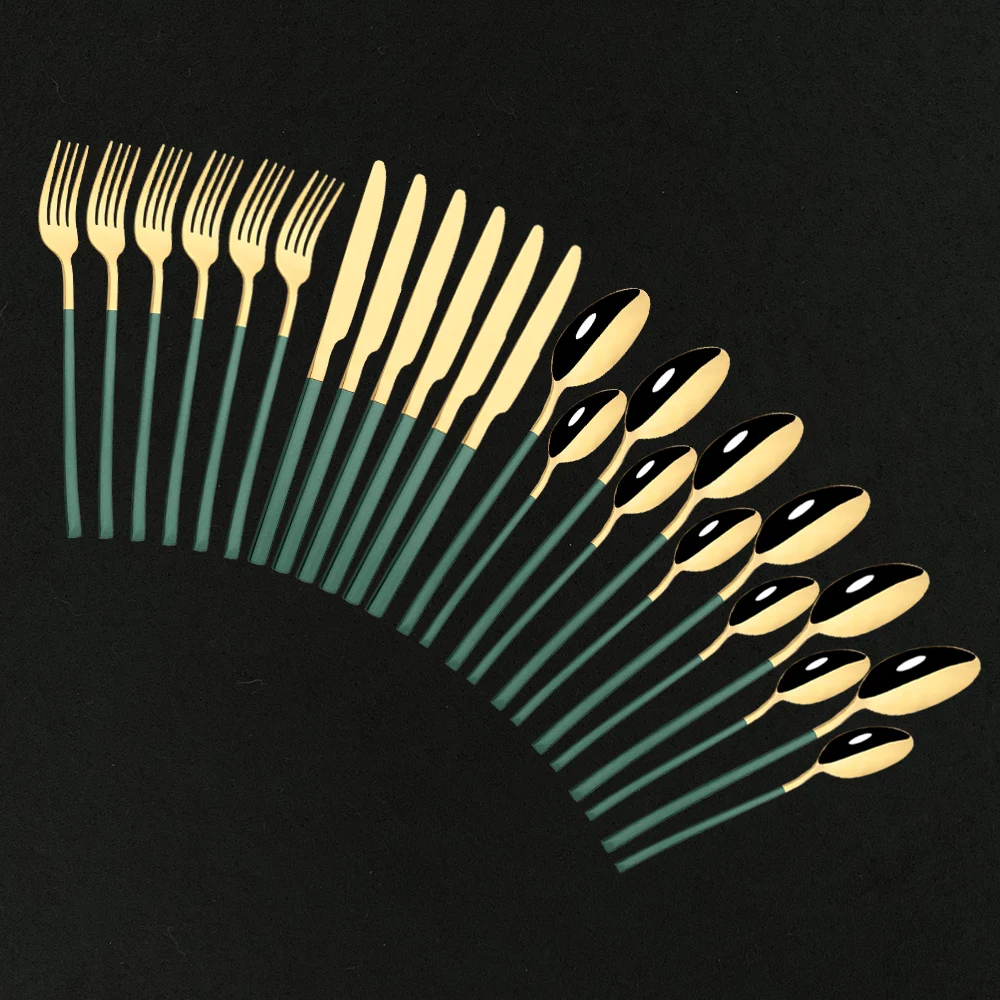

Набор столовых приборов из нержавеющей стали с длинной ручкой, комплект из 24 зеленых золотых приборов, нож, ложка, вилка, столовая посуда