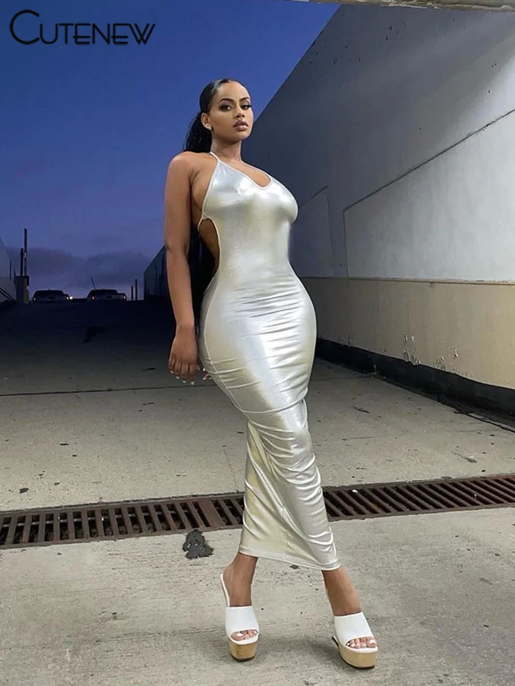 

Милое Новое Женское блестящее шелковое платье макси с открытой спиной, лаконичное однотонное сексуальное платье с лямкой на шее на шнуровк...