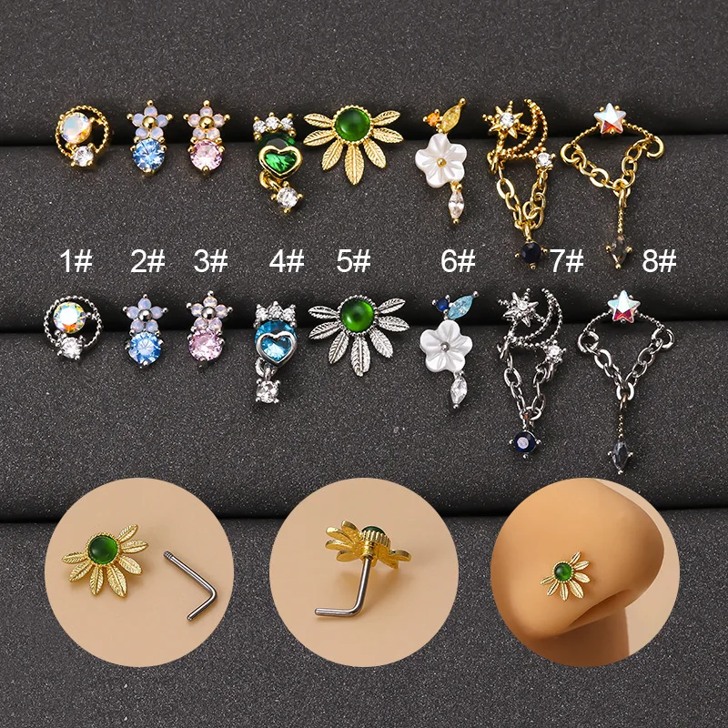 

1PC 20G Stainless Steel Piercing Studs Nose Septum Flower Leaf Pendant Zircon Nose Nail For Women PIERC Body Jewelry Wholesale