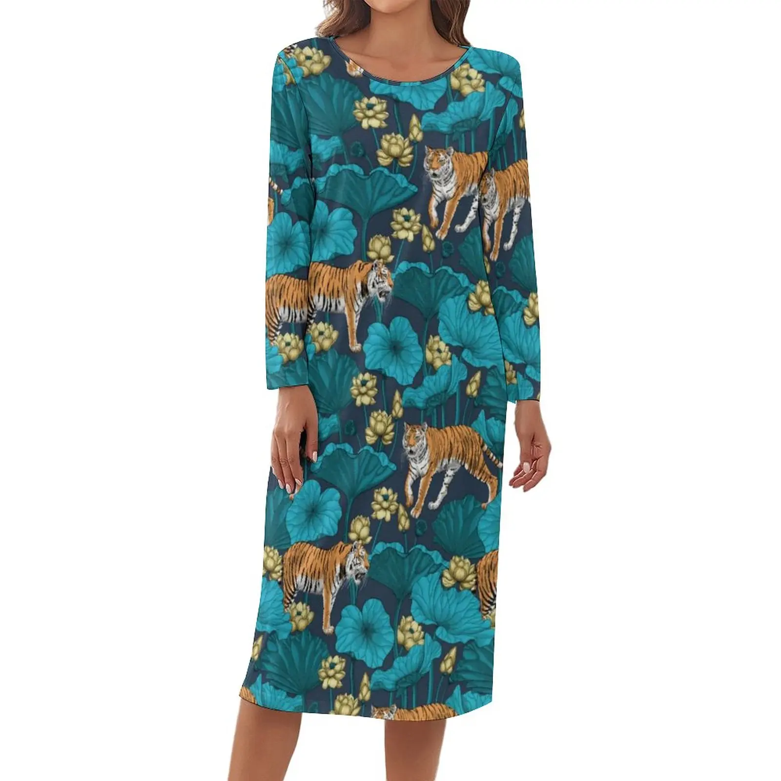 

Yellow Tiger Pajamas Female Lotus Pond Leaf Print Aesthetic Dresses Autumn Long Sleeves Trendy Nightgown O Neck Pattern Pajama