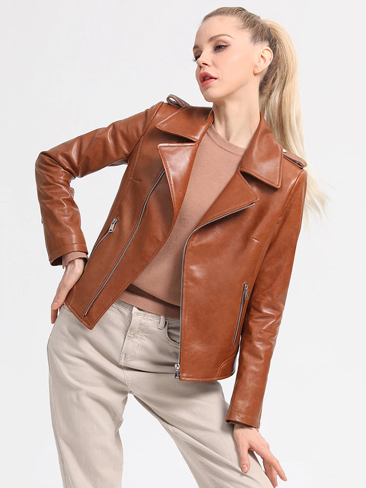 New Women Short Sheepskin Coat Spring Autumn Fashion Soft Turn-down Collar Long Sleeve Genuine Leather Jacket Slim Outerwear