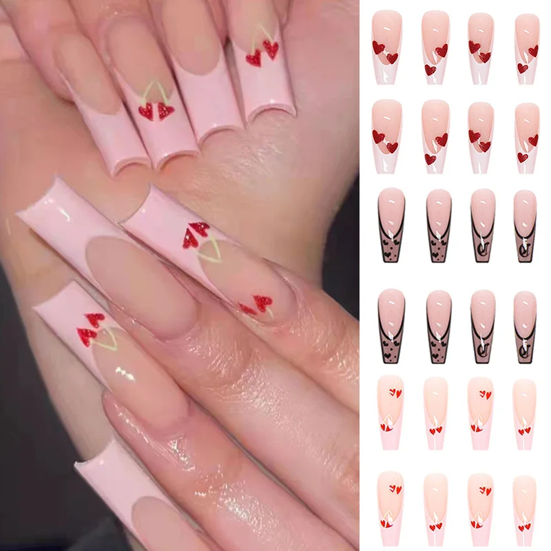 

3D French Long Coffin Press On Nail Artificial Nail Extension Pink Gradient Color False Full Cover Detachable Nail Manicure