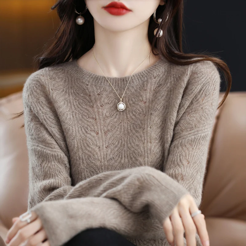 

100% Wool Sweater Women Tops Spring Autmn O Neck Hollow Out Female Pullover Fashion Slim Thin Green Knitted Clothing Knitwear