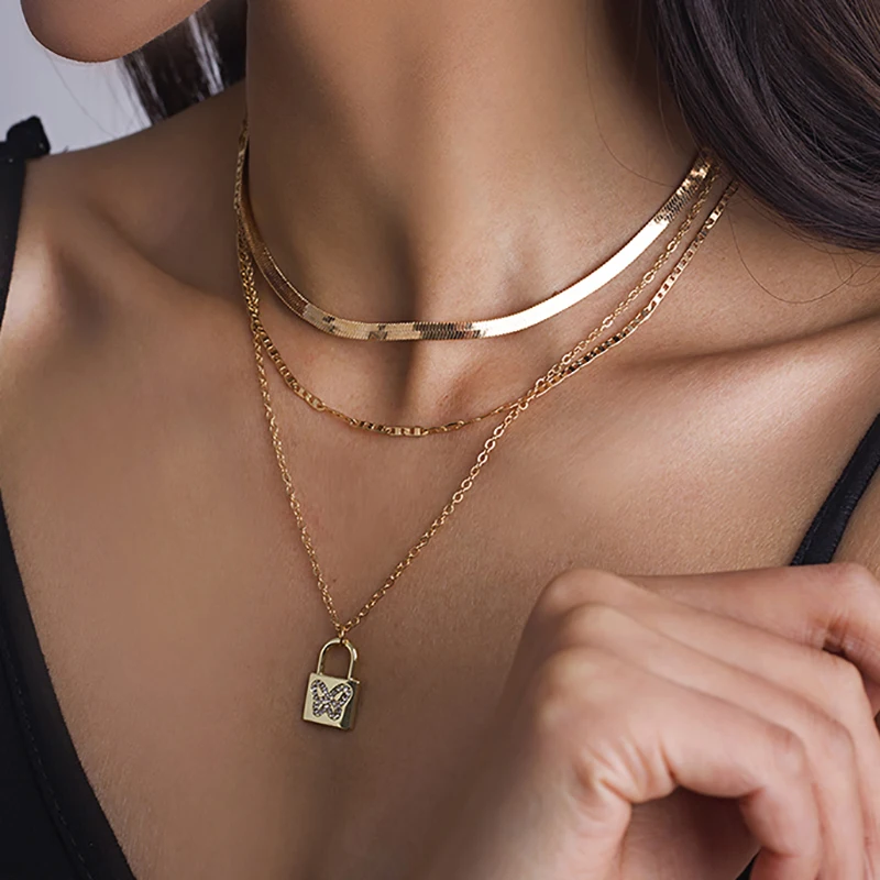 

Gold Color Multi Layered Chokers Chains Necklaces for Women Crystal Butterfly Lock Pendant Necklaces Female Jewelry Gifts