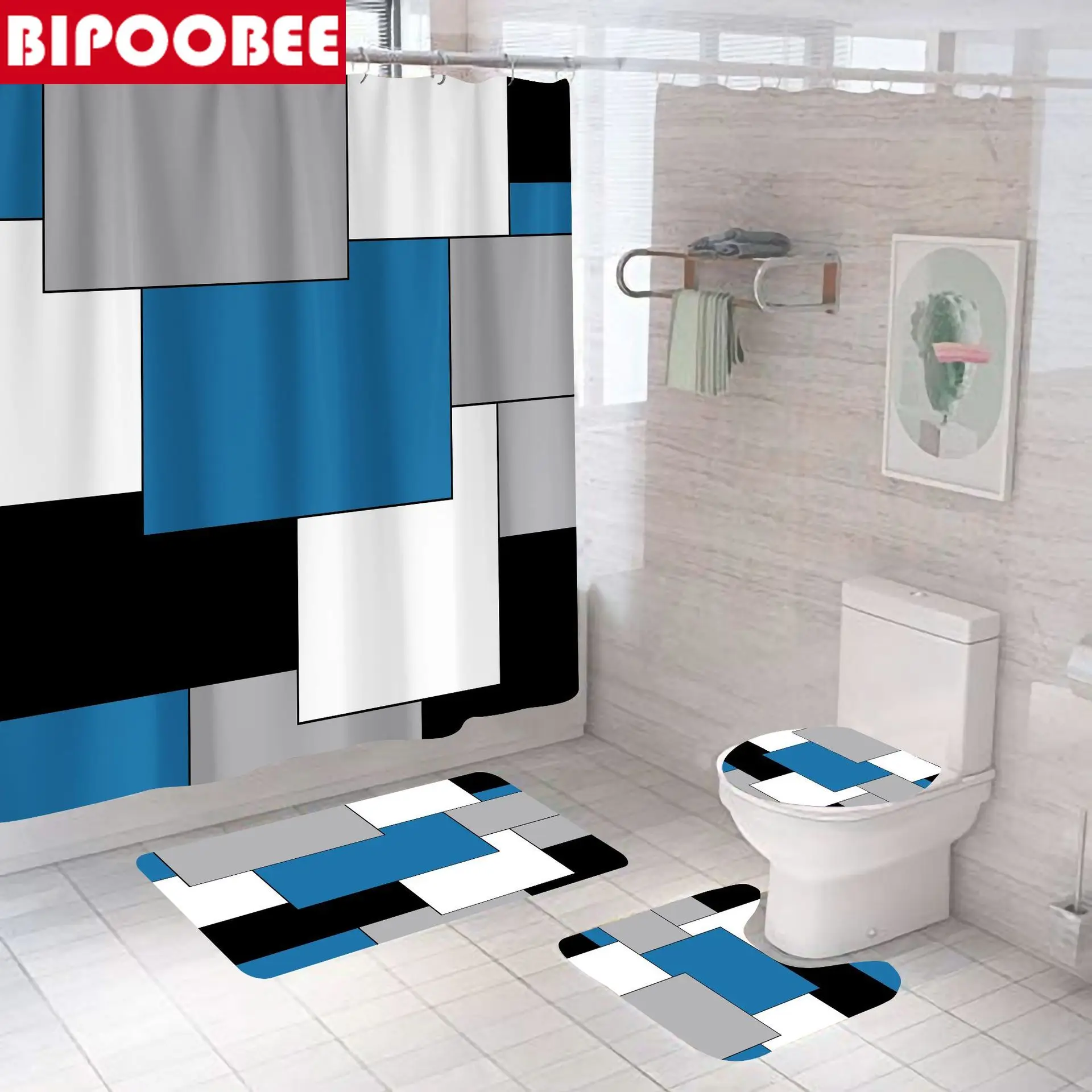 

Blue Geometric Pattern Shower Curtain Bathroom Accessories Non-slip Carpet Bath Mats Rugs Toilet Cover Bathtub Screen with Hooks