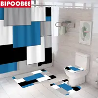 Blue Geometric Pattern Shower Curtain Bathroom Accessories Non-slip Carpet Bath Mats Rugs Toilet Cover Bathtub Screen with Hooks