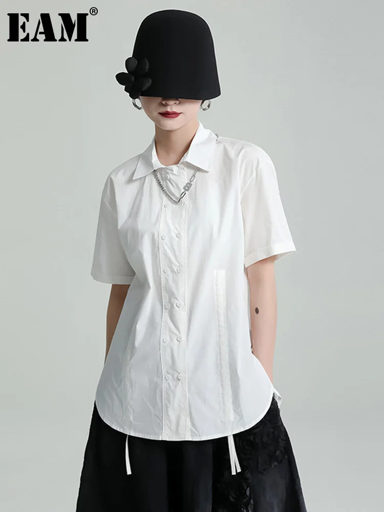 

[EAM] Women Irregular Black Drawstring Casual Blouse New Lapel Short Sleeve Loose Shirt Fashion Tide Spring Summer 2022 1DE7615