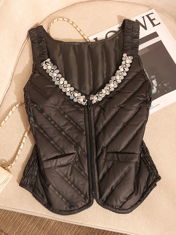Женский пуховый жилет с бусинами для тяжелой промышленности зима 2023 новый дизайн