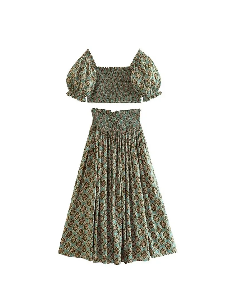 

Kumsvag 2023 Women Summer 2 pieces sets Fashion Print Blouses Shirts Tops and Skirts Female Poplin Sweet Suits Clothing