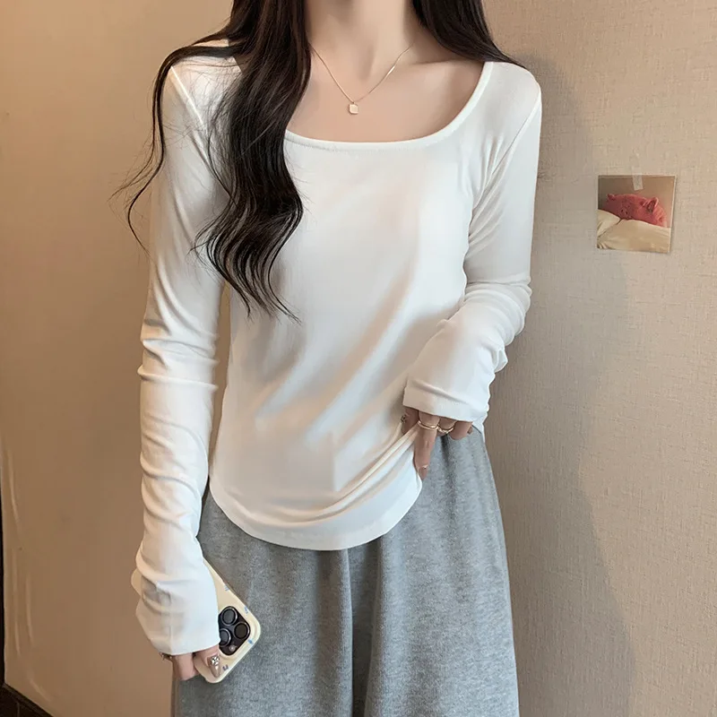 

Korean Fashion Solid Color Skinny Top Women Square Collar Long Sleeve Irregular Woman Clothing Spring/Summer T-shirt