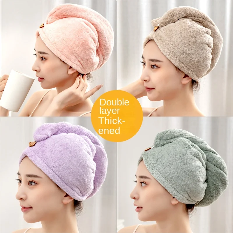 

New Solid Color Double-layer Coral Fleece Dry Hair Thickened High-density Quick-drying Absorbent Towel Microfiber Shower Cap