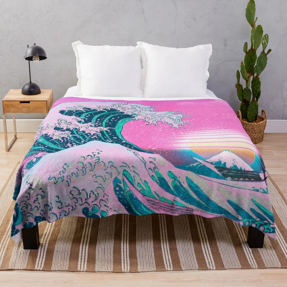 

Vaporwave Aesthetic Great Wave Off Kanagawa Retro Sunset Picnic Blanket Cartoon Blanket Halloween Throw Blankets