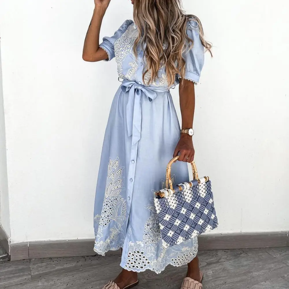 

Trendy Maxi Dress Buttons Soft Casual Short Sleeve Buttons Large Hem Maxi Dress
