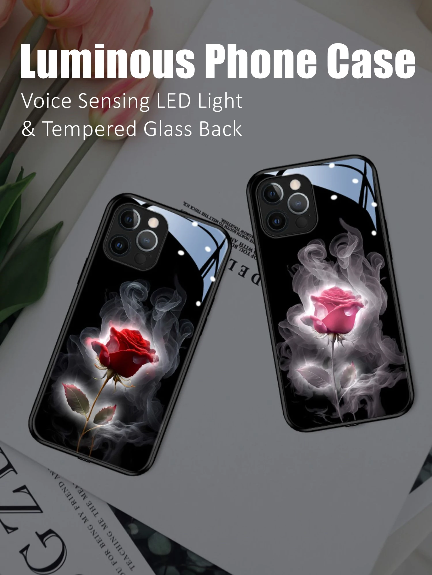 

Couple Rose Colorful LED Light Glowing Luminous Tempered Glass Phone Case for OPPO Reno 4 5 6 7 8 9 Find X5 Realme X50 Pro Plus
