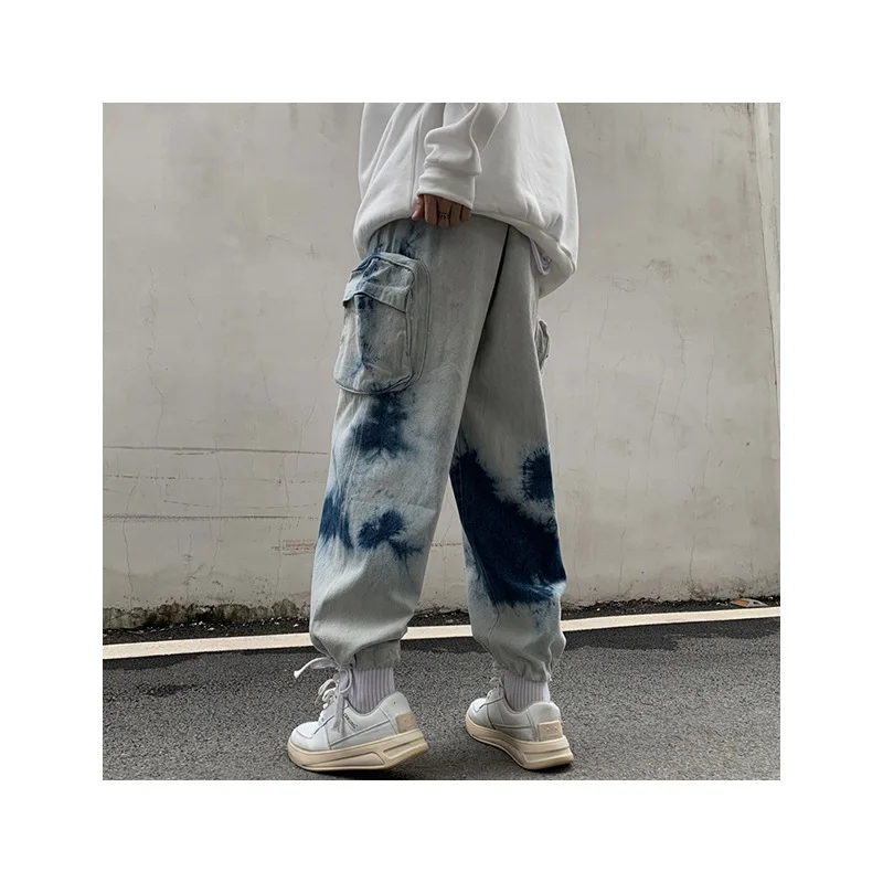High Street Tie Dye Vintage Baggy Men Cargo Jeans Pants Y2K Side Pockets Straight Loose Hip Hop Denim Trousers Pantalon Hombre