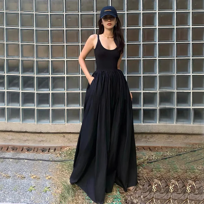 

Hepburn Style High Waist Sleeveless Midi Dress Women Summer Slim A Line Camis Dress Gothic Black Pleated Party Night Dress