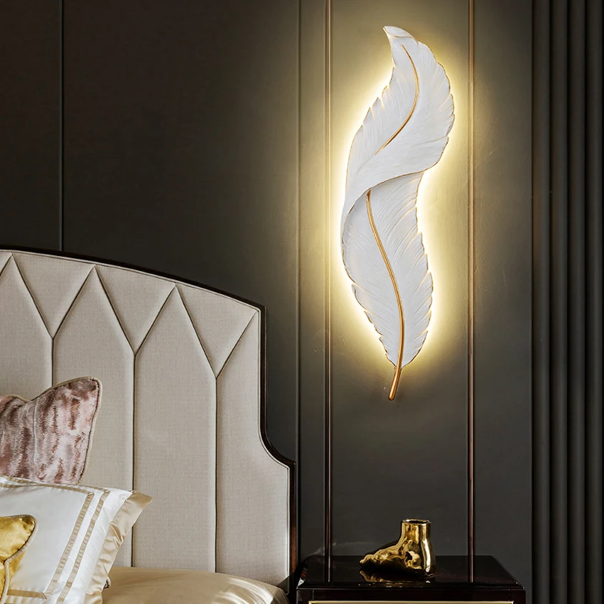 

Modern Feather LED Wall Lamp TV Backdrop Bedroom Bedside Interior Lighting Decor LED Wall Lights Aisle Corridor Room Resin Lamps